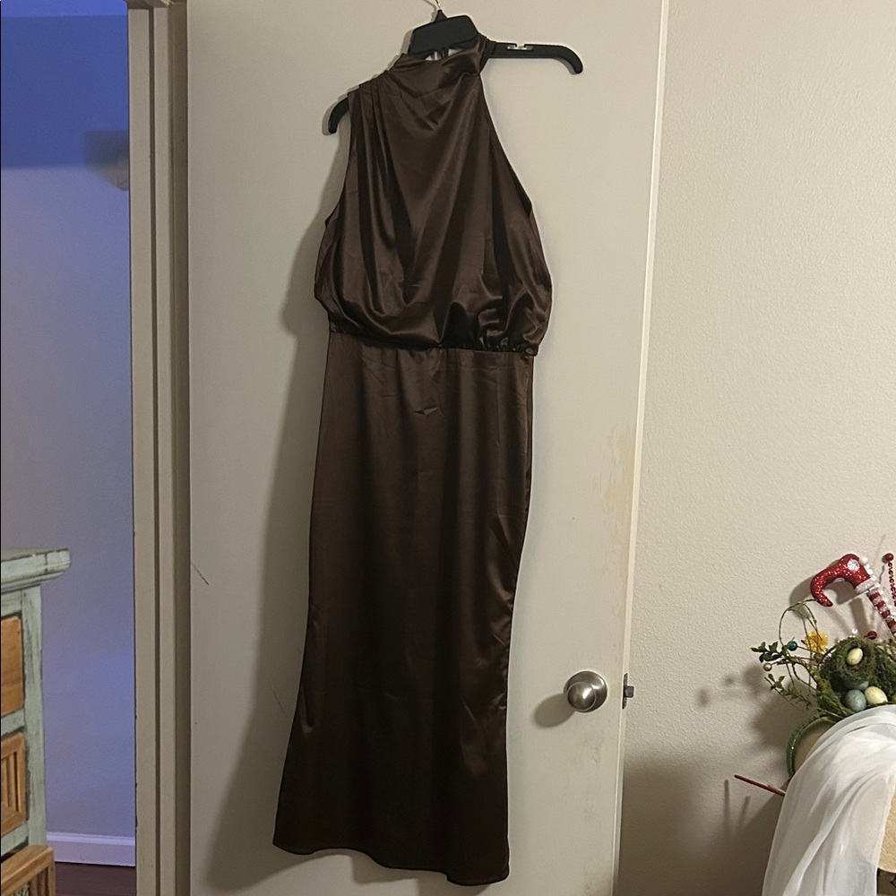 Brown Satin Halter Maxi Dress